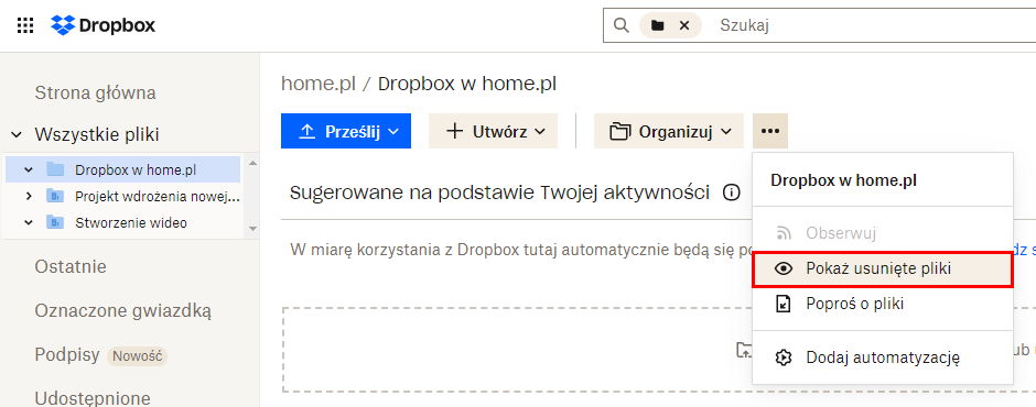 Wyświetlanie usuniętych plików w folderze Dropbox