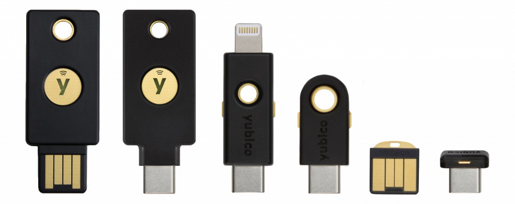 Rodzaje kluczy bezpieczeństwa U2F. USB, USB-C, Lightning.
