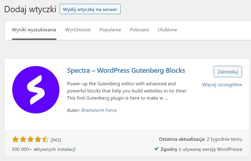 Instalacja wtyczki WP Spectra w WordPress
