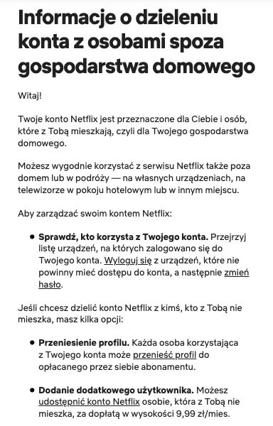 Mail informujący o zakazie udostępniania kont Netflix