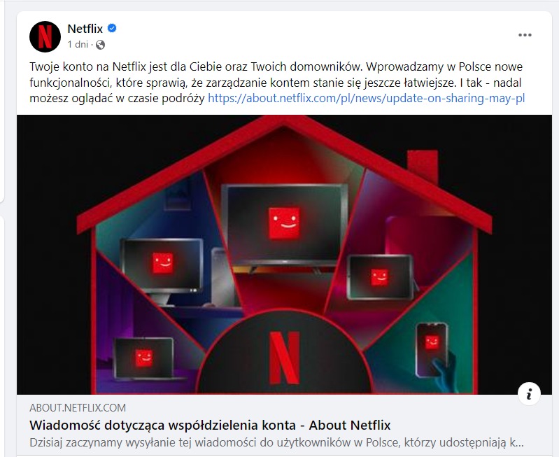 Informacja Netflix na temat udostępniania kont na Facebooku