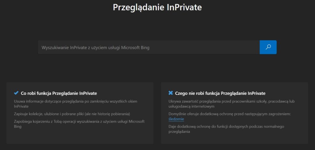 Karta w przeglądarce Microsoft Edge z uruchomionym trybem incognito (trybem prywatnym)