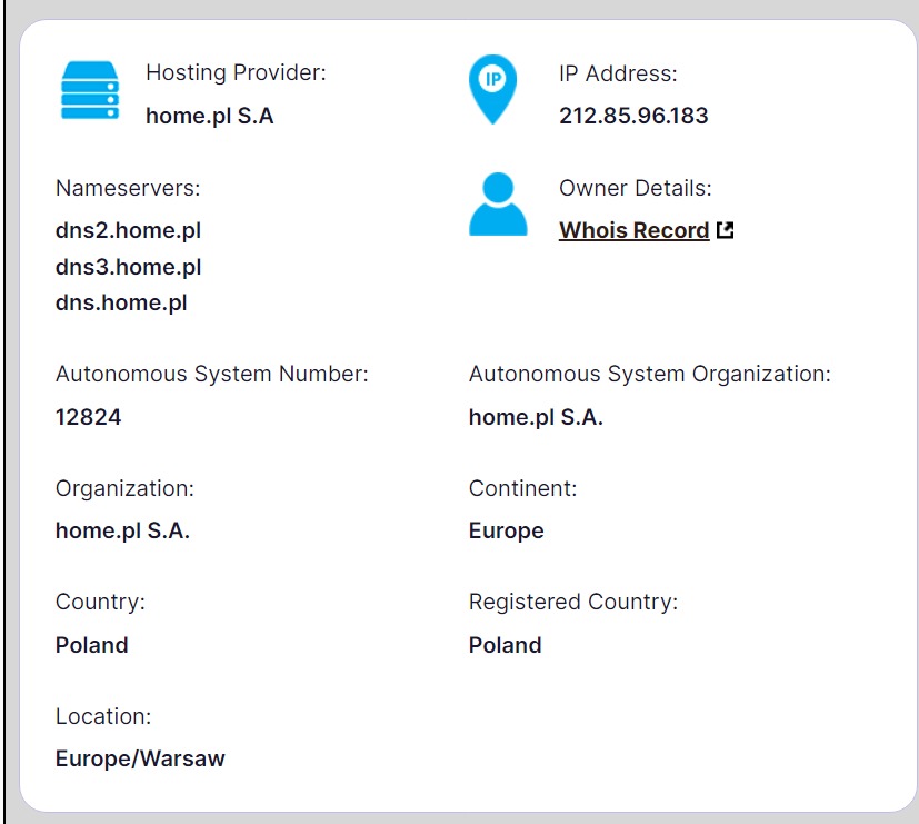 Przykład informacji, jaki jest hosting dla strony home.pl