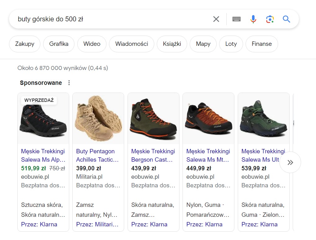 Reklama Google Ads na frazę "buty górskie"