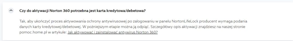 Informacja o konieczności podpięcia karty płatniczej w My Norton na stronie home.pl