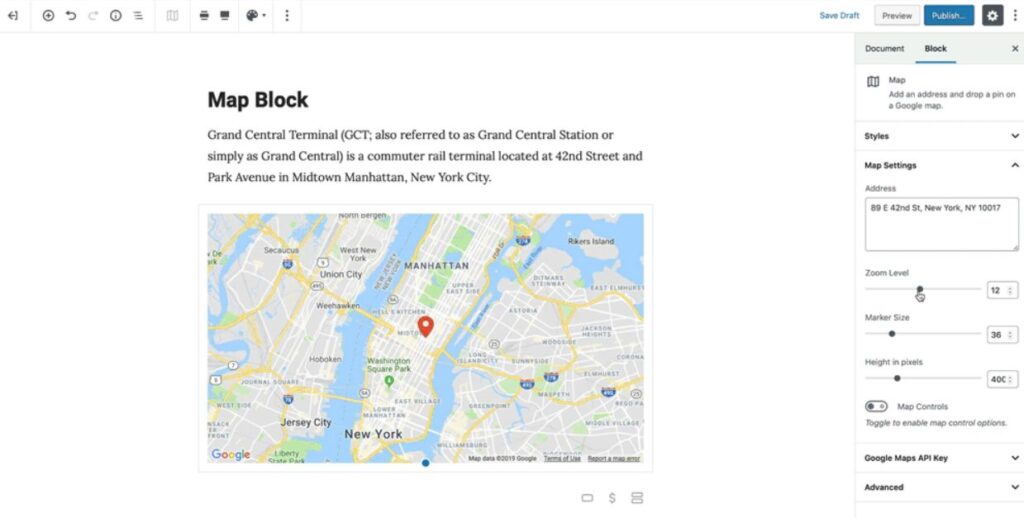 Wtyczka Coblock dodają do edytora Gutenberg w WordPressie nowe bloki. Zdjęcie przedstawia blok z funkcją dodawania lokalizacji z Mapy Google.