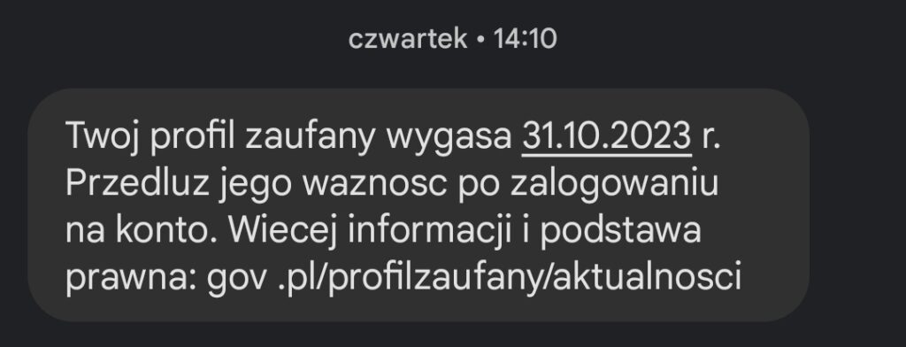 SMS z datą wygaśnięcia Profilu zaufanego, wysłany przez PZePUAP