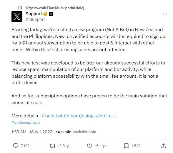 Tweet z konta wsparcia X, który informuje o płatnościach dla nowych użytkowników platformy X (poprzednio Twitter).