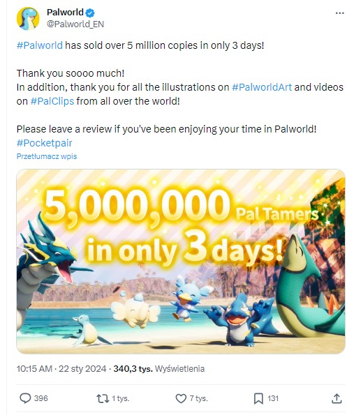 Tweet od twórców Palworld, w którym chwalą się sprzedażą ponad 5 milionów sztuk gry.