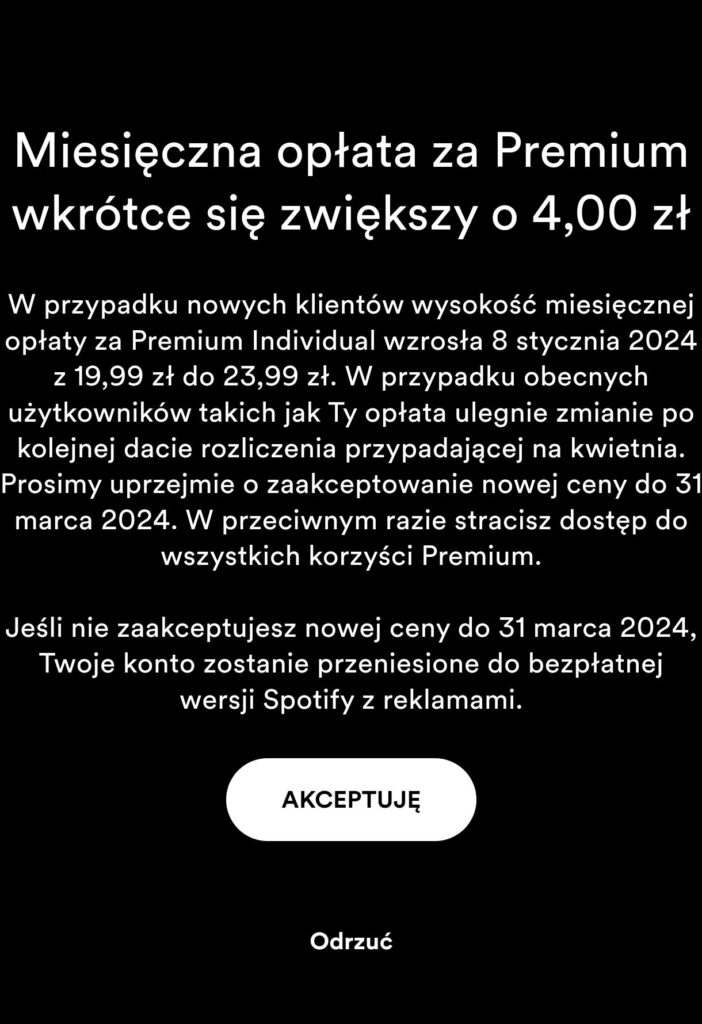 Powiadomienie w aplikacji Spotify dotyczące zmiany cen po 31 marca 2024