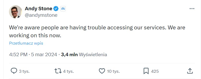 Tweet przedstawiciela Meta w sprawie awarii Facebooka.