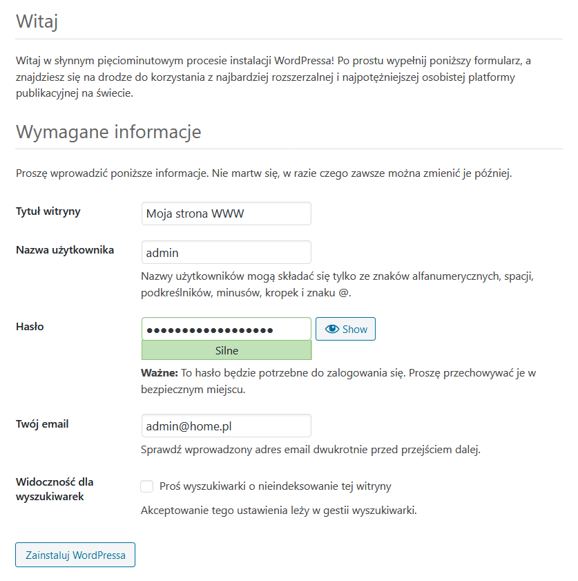 Okno konfiguracji instalacji WordPress na hostingu home.pl