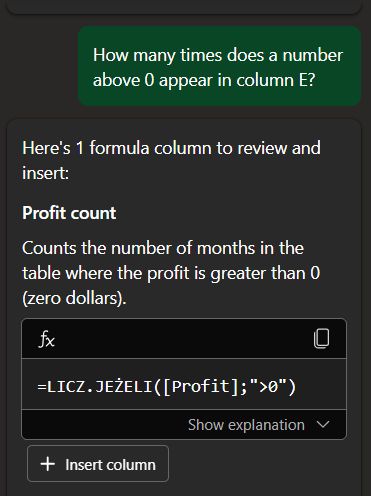 Wykorzystanie sztucznej inteligencji (AI) o nazwie Copilot w aplikacji Excel. 