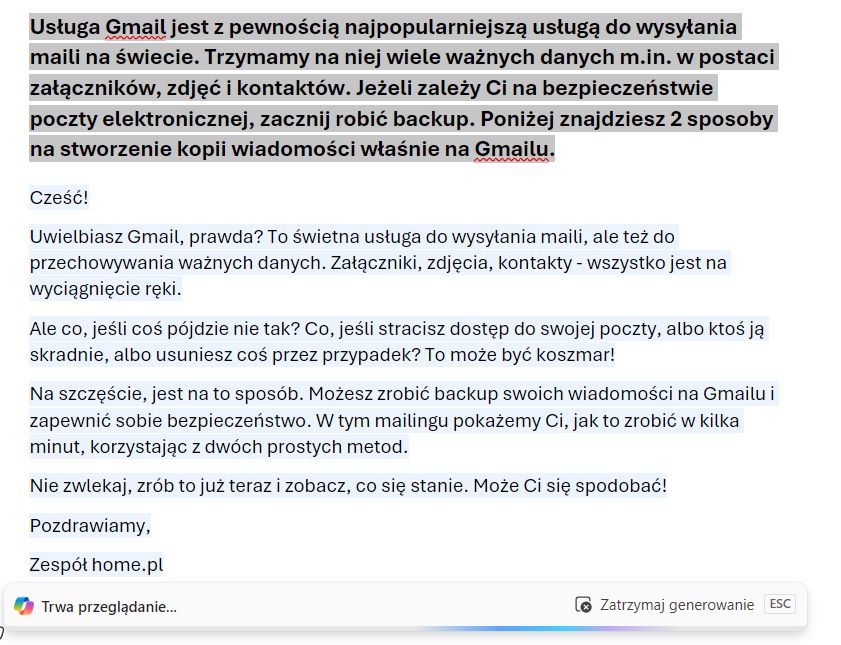 Tworzenie treści do mailingu za pomocą sztucznej inteligencji w Copilot.