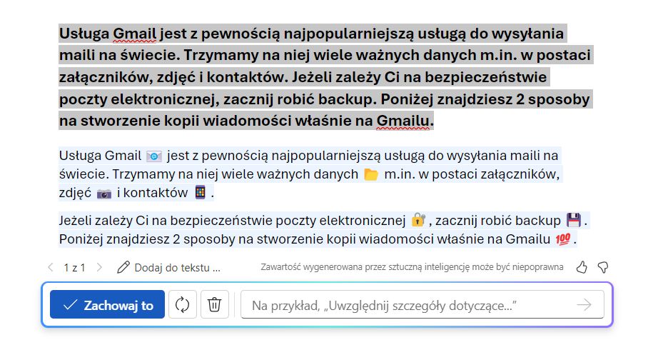 Przykład użycia AI w Microsoft 365 do stworzenia szkicu treści pod kątem posta na Facebooku.