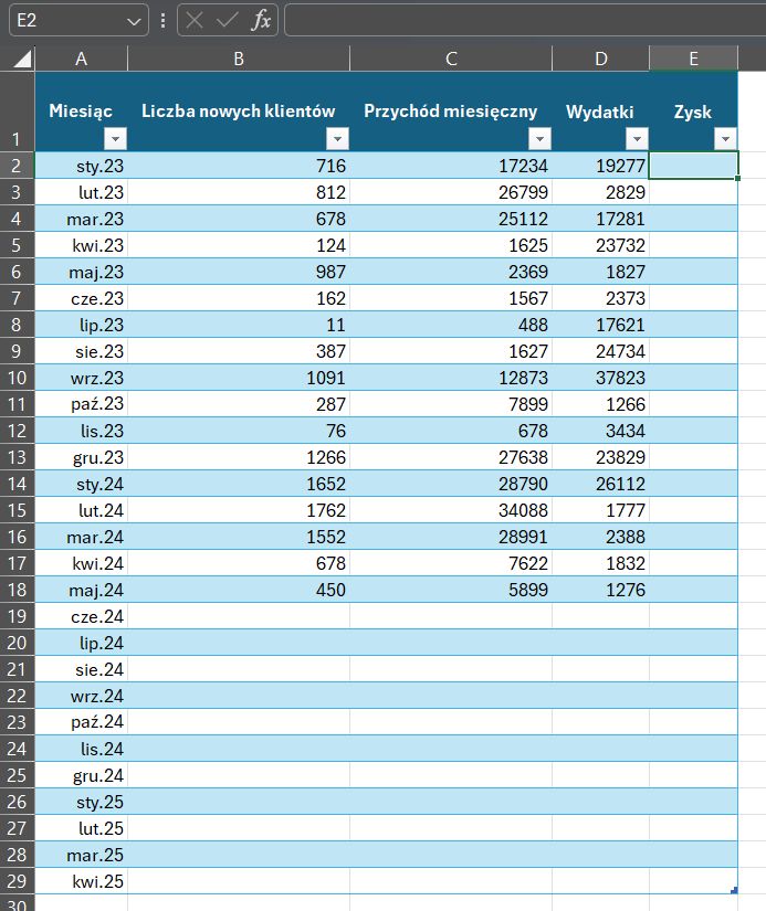 Przykładowa tabela w Excel