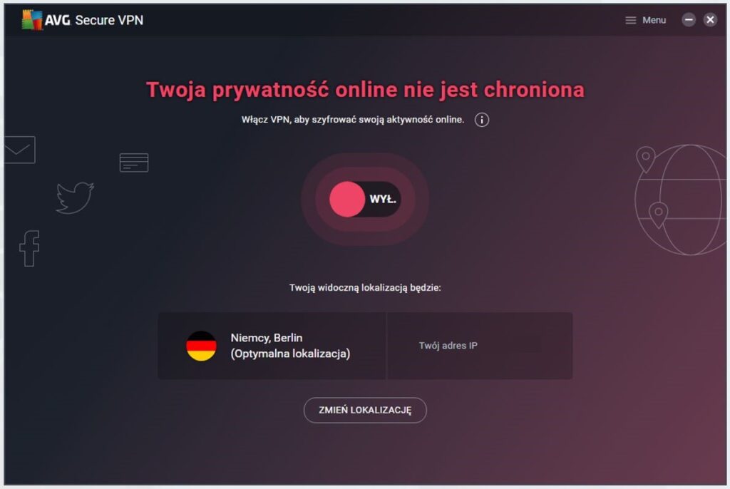 Interfejs połączenia z serwerem w AVG Secure VPN. Zdjęcie przedstawia połączenie z serwerem w Berlinie (Niemcy).