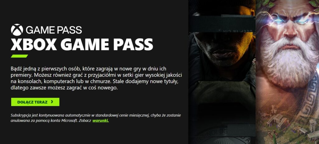 Strona główna usługi Game Pass z opcją rejestracji konta.