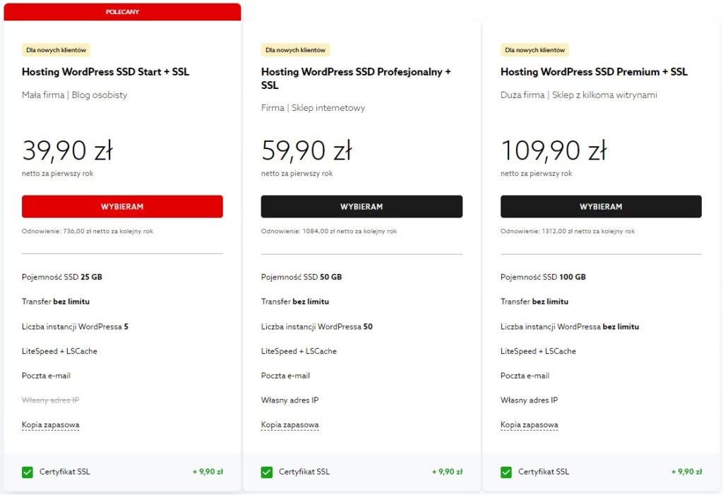 Specyfikacja pakietów hostingu WordPress w home.pl