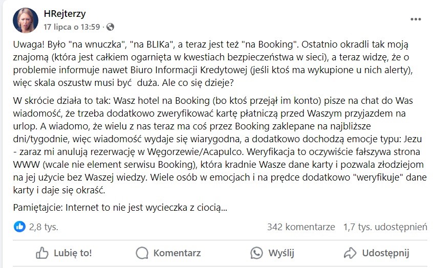 Post z informacją o oszustwie na portalu noclegowym.