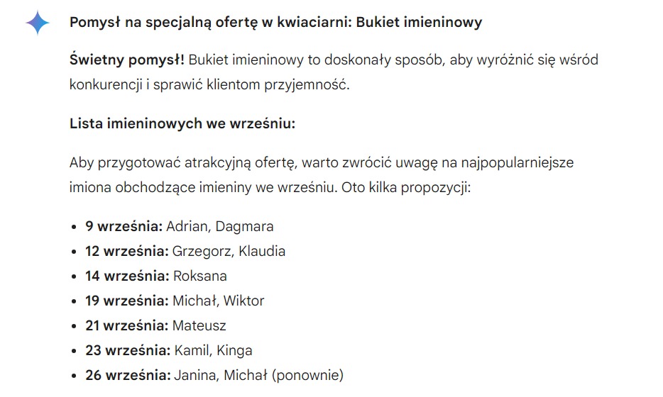 Odpowiedź z narzędzia Google Gemini - wykorzystanie sztucznej inteligencji do stworzenia treści marketingowej na posty w social media