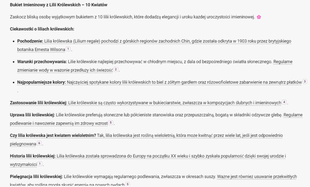 Opis bukietu dla sklepu internetowego, który został stworzony przez sztuczną inteligencję Copilot od firmy Microsoft.