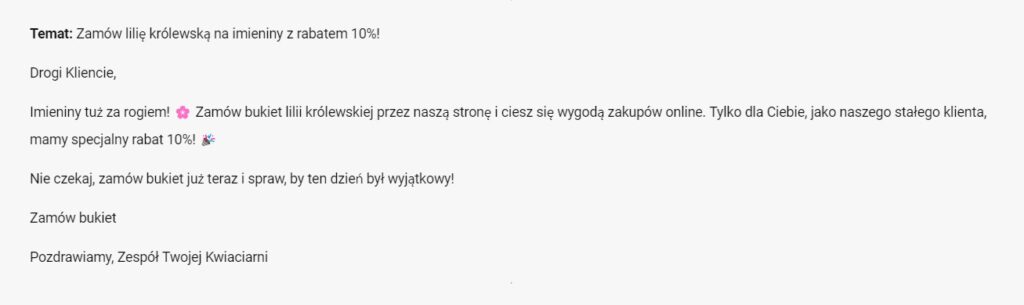 Treść mailingu wygenerowana przez sztuczną inteligencję w Copliot.