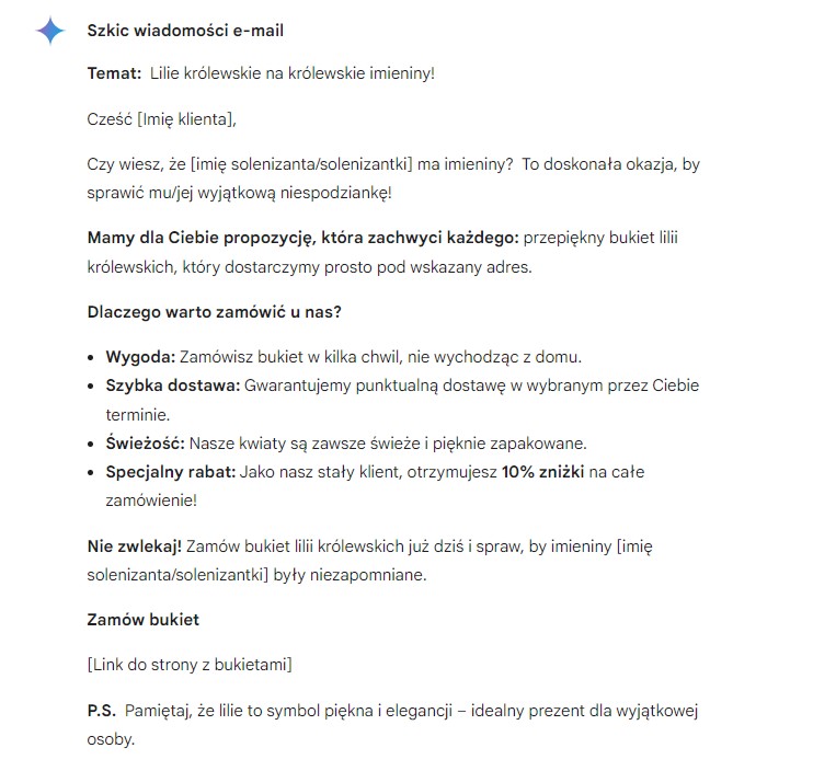Treść mailingu wygenerowana przez sztuczną inteligencję w Google Gemini.