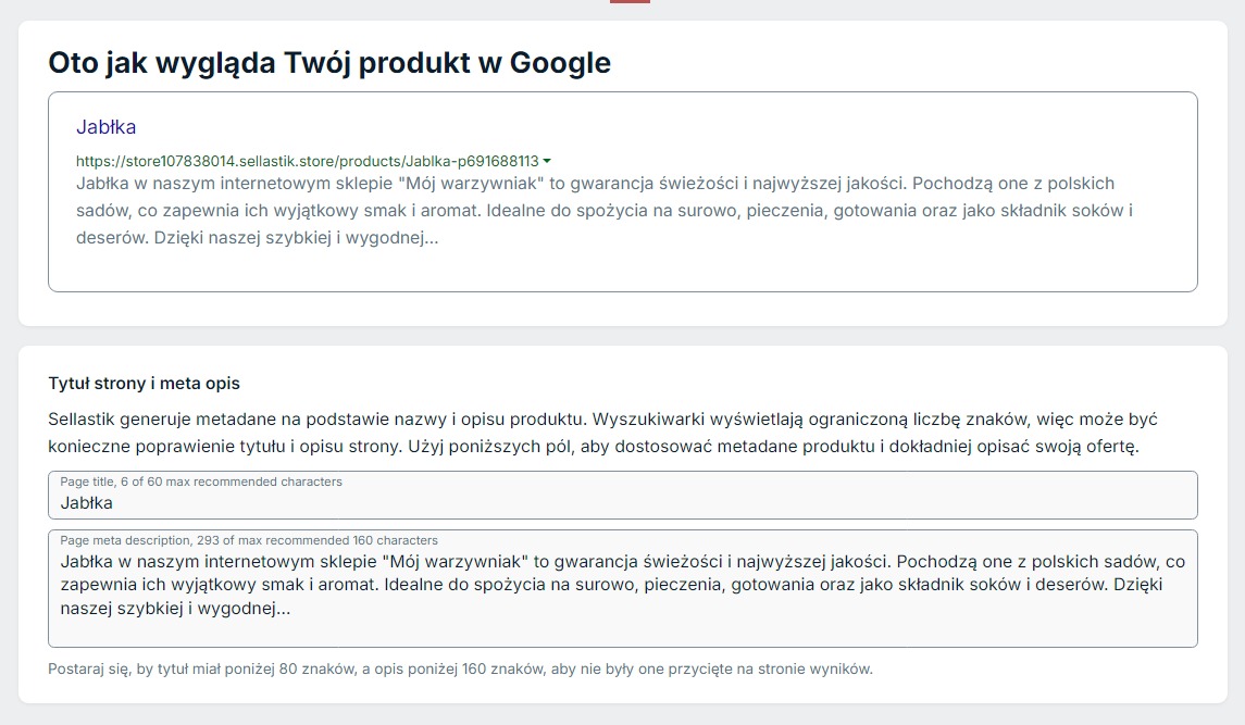 Ustawienie SEO dla produktu w sklepie Sellastik