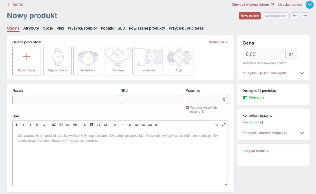 Menu do tworzenia i edycji opisu produktu w sklepie Sellastik, wraz z opcją dodania zdjęcia i tekstu pod SEO.