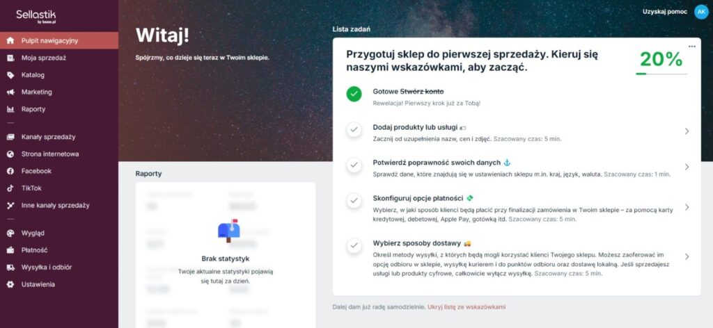 Główny panel zarządzania sklepem Sellastik w home.pl