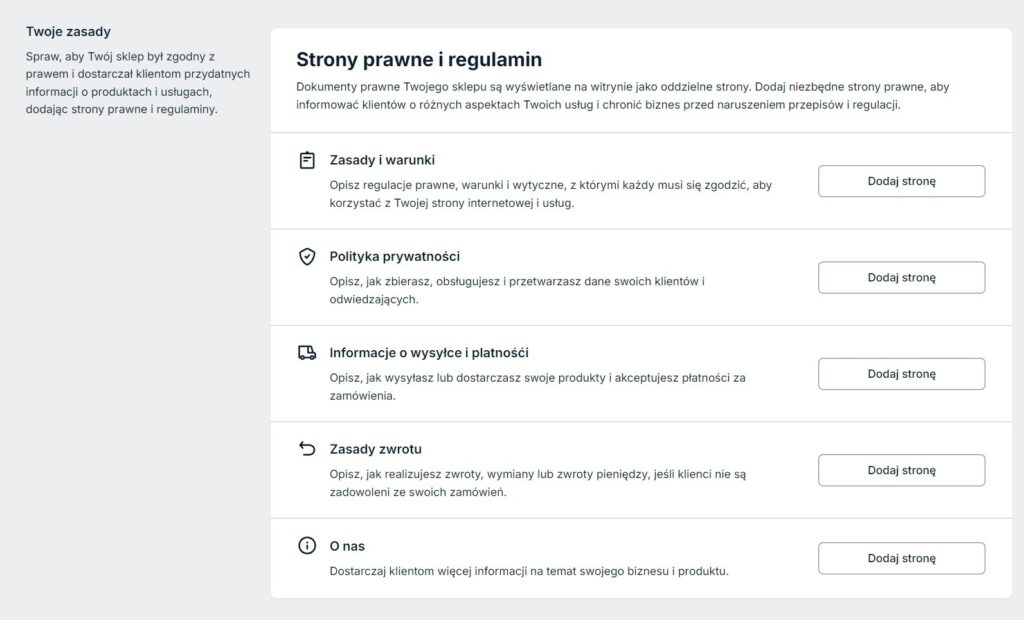 Opcje do dodawania regulaminów i innych prawnych treści w sklepie internetowym Sellastik w home.pl