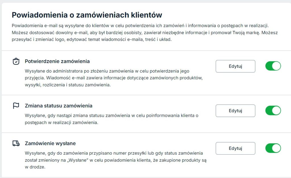 Ustawienia powiadomień email w sklepie Sellastik