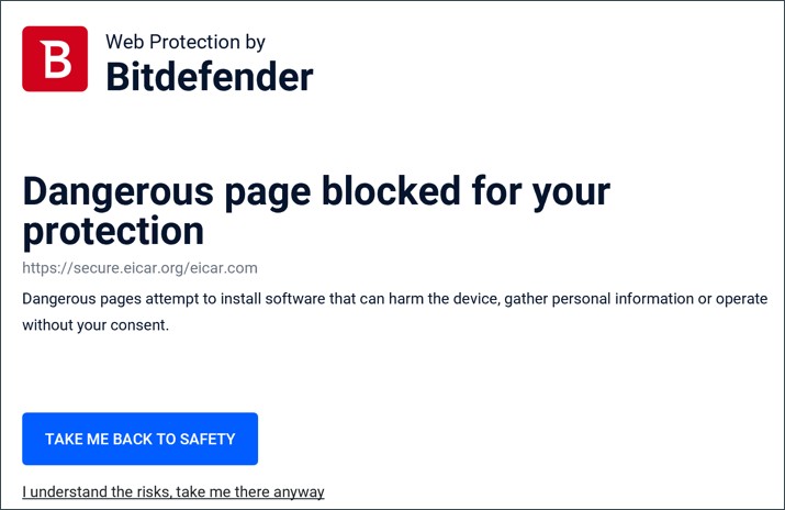 Komunikat w przeglądarce informujący o zablokowaniu połączenia z niebezpieczną stroną internetową przez program antywirusowy Bitdefender.