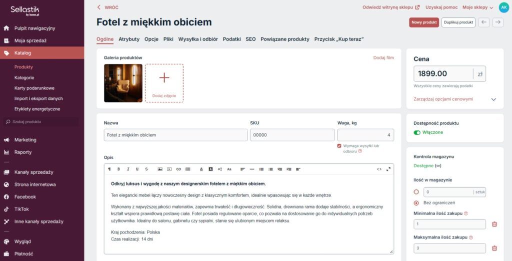 Konfigurowanie opisu produktu w sklepie meblarskim jako przykład jak sprzedawać meble przez internet.