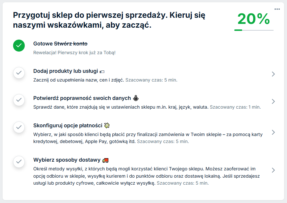 Zdjęcie z panelu sklepu sellastik z listą kroków do wykonania, aby otworzyć własny sklep internetowy