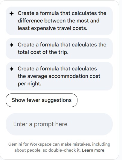 Podpowiedzi Gemini AI w postaci sugerowanych promptów w Google Sheets na bazie dostępnych danych z tabeli.