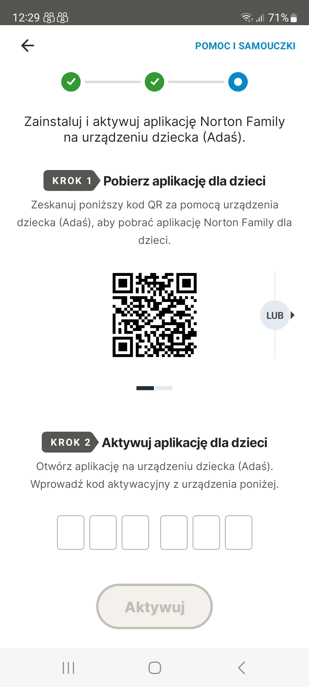 Kod QR do pobrania aplikacji Norton Family na telefon dziecka.