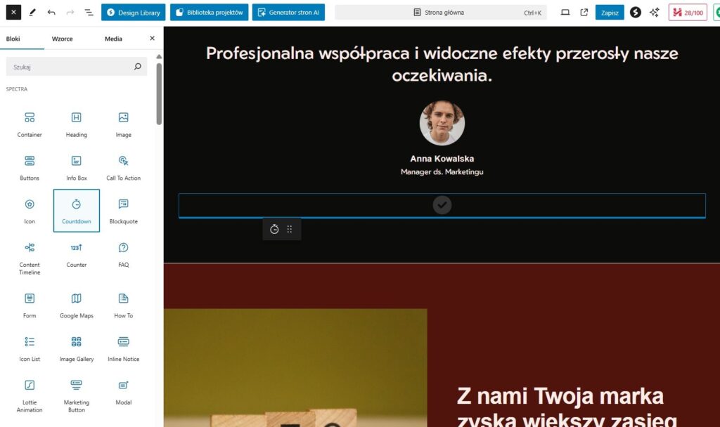 Edytor Gutenberg w WordPress wraz z blokami, które umożliwiają dodanie kolejnych elementów do strony.